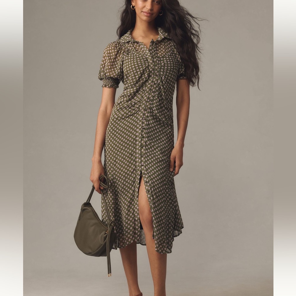 ANTHROPOLOGIE PUFF SLEEVE RUCHED MESH MIDI DRESS SIZE 4 MSRP $158.00 NWT